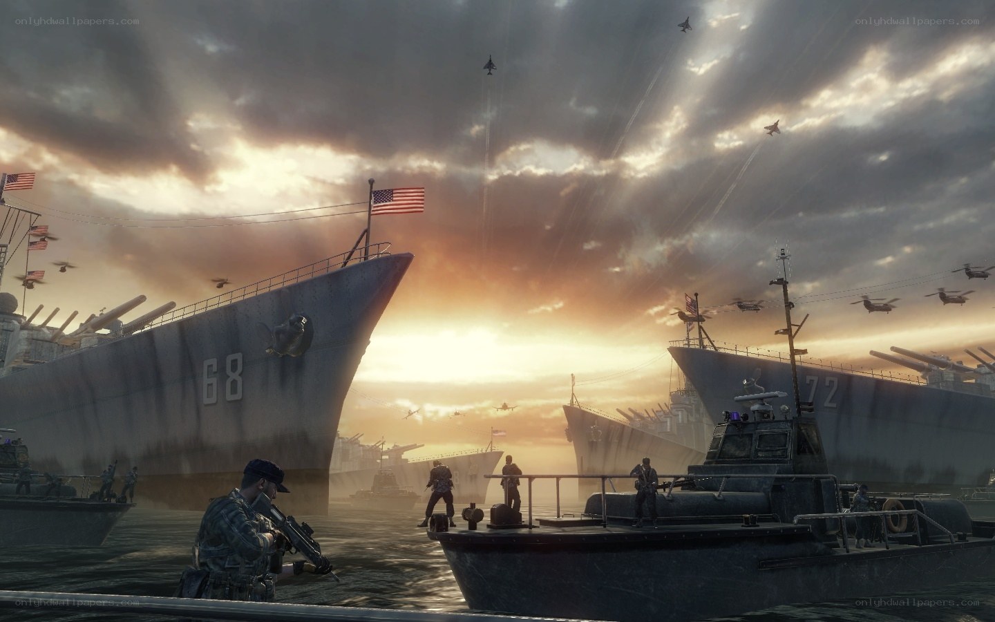 Naval fleet at sunset