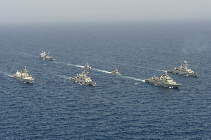 Naval fleet in formation at sea