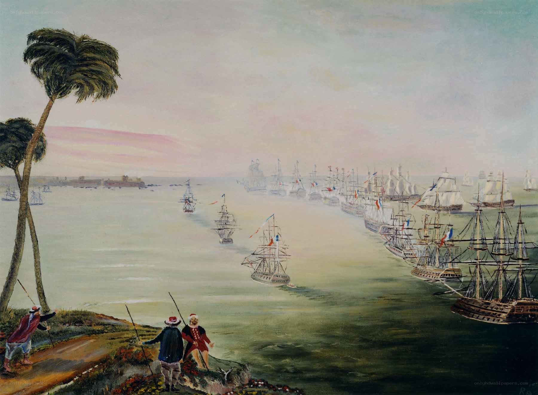 Naval fleet in tropical harbor
