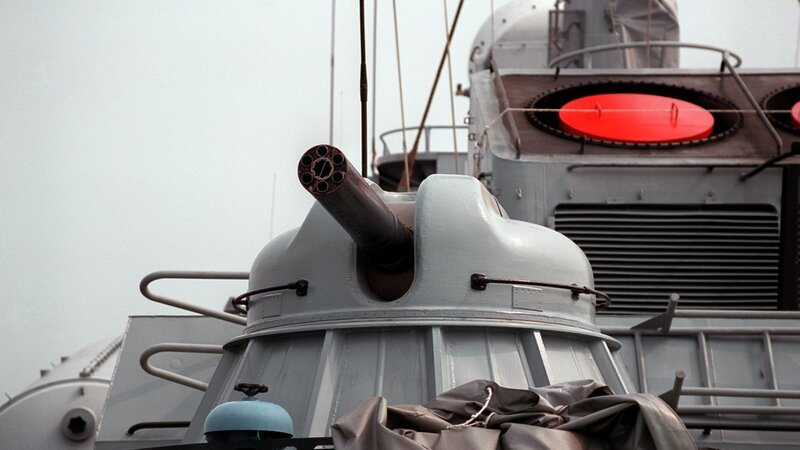 Naval gun turret on a warship