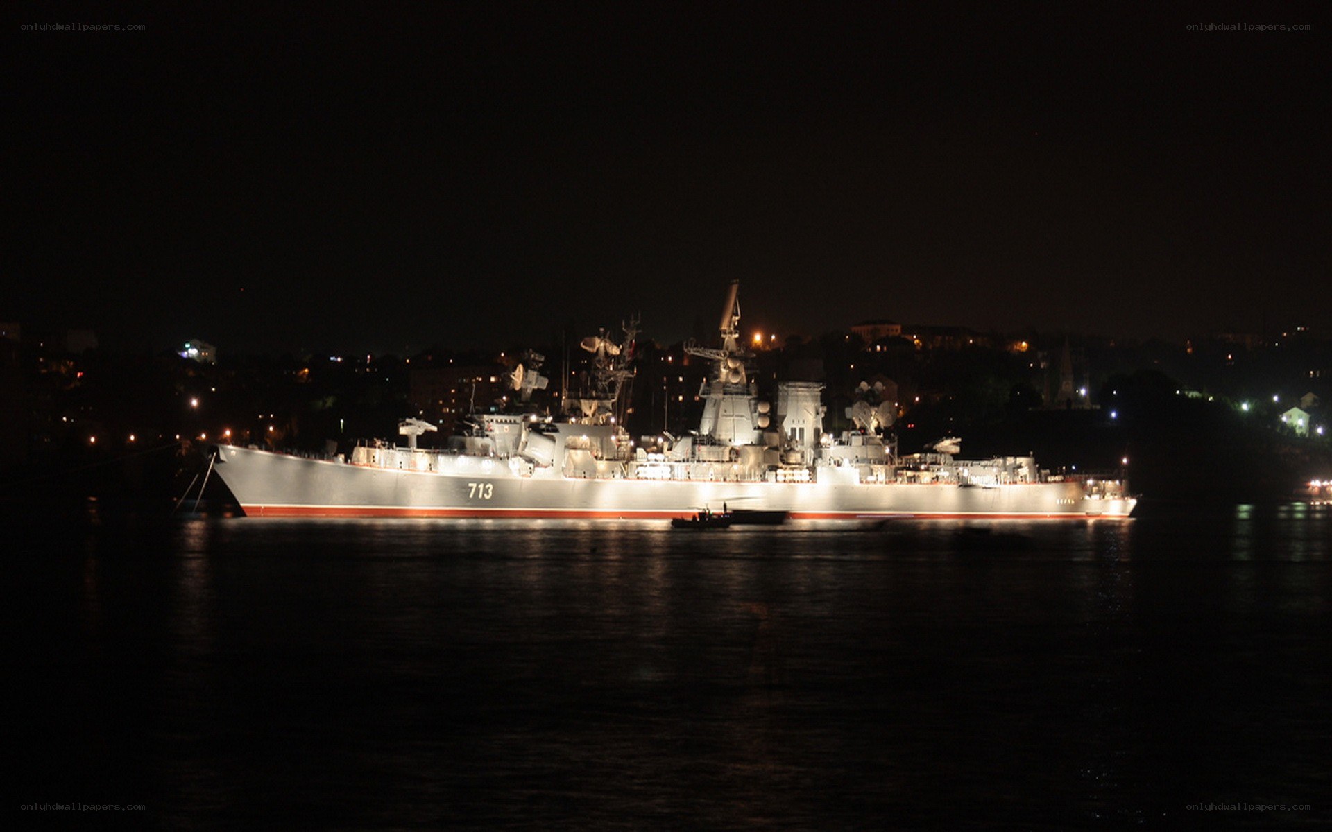 Naval ship at night