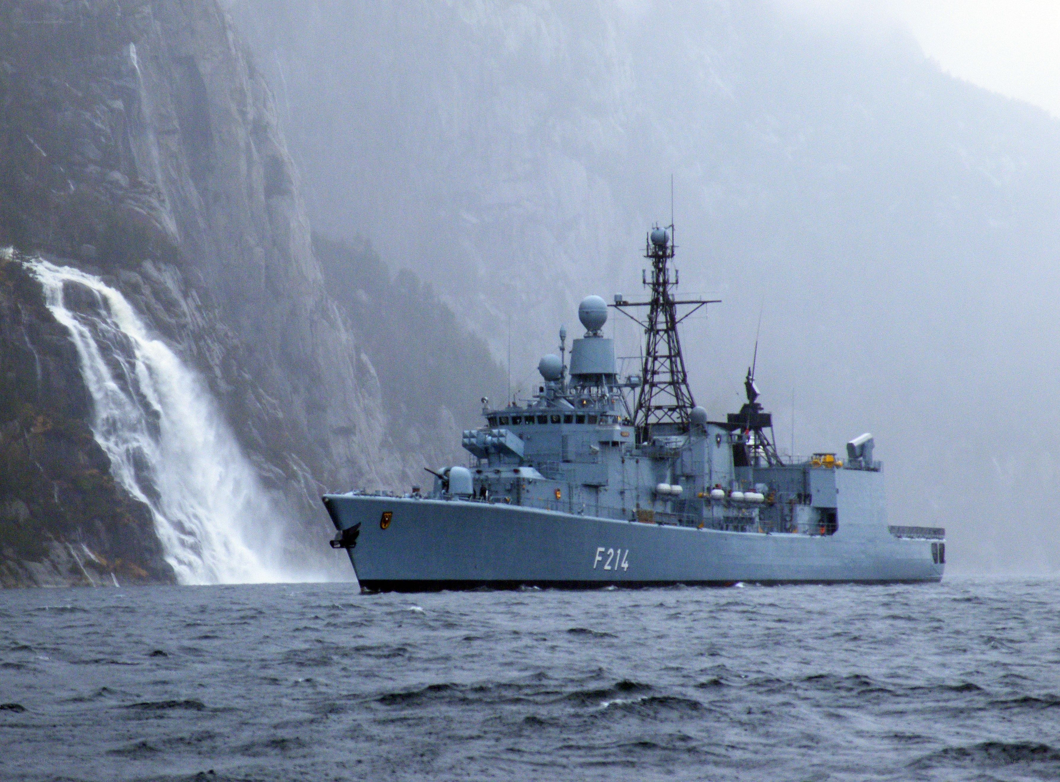 Naval ship in a fjord