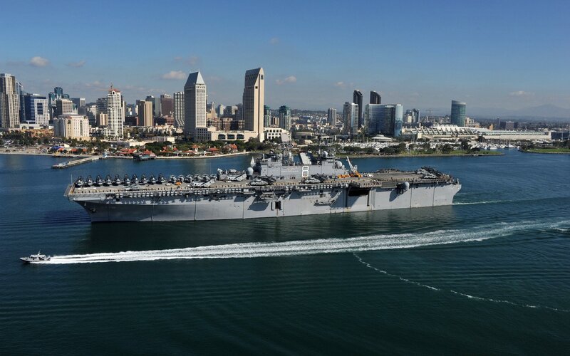 Naval ship in San Diego harbor