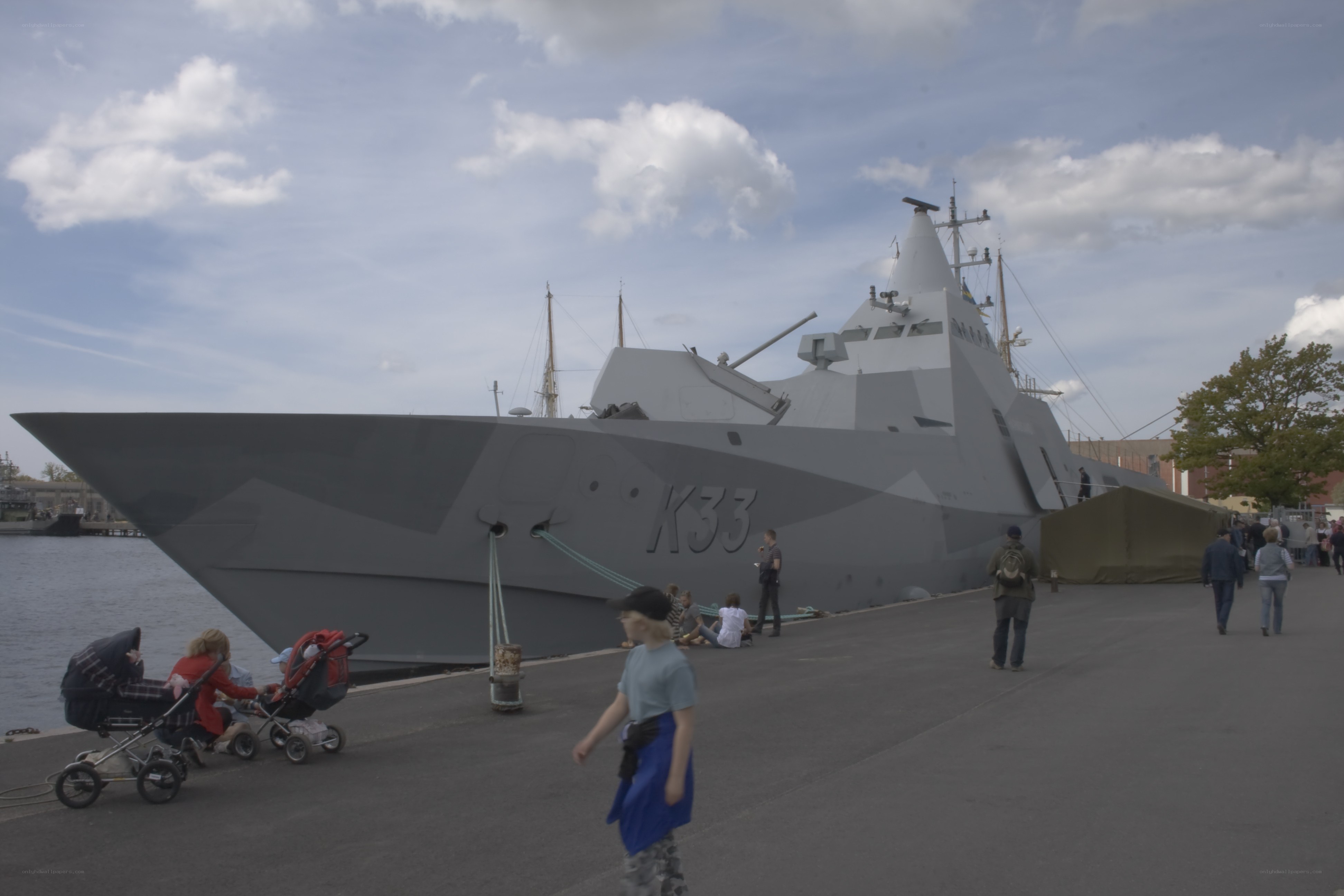 Naval ship on display at dock