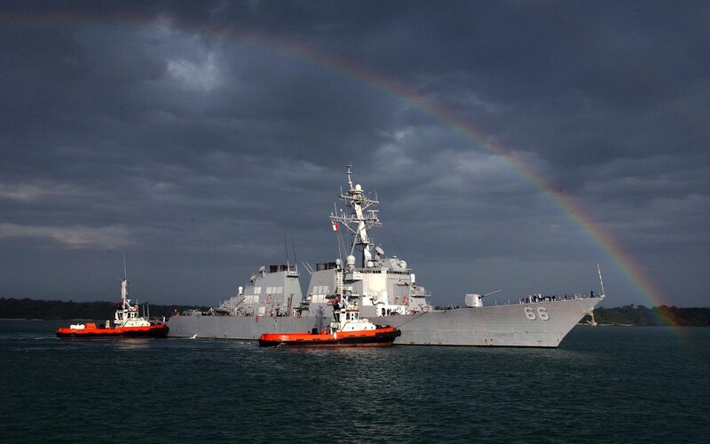 Naval ship with rainbow