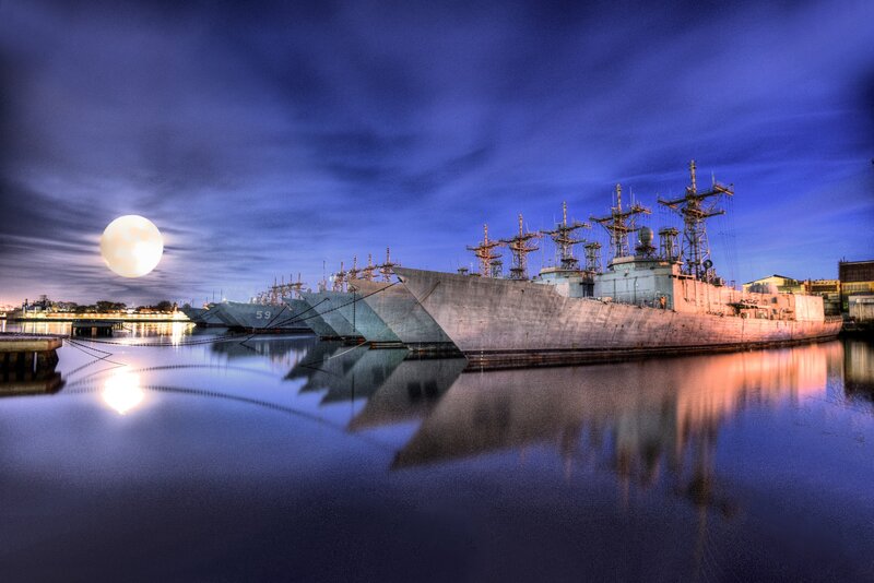 Naval Ships in Harbor — Blue