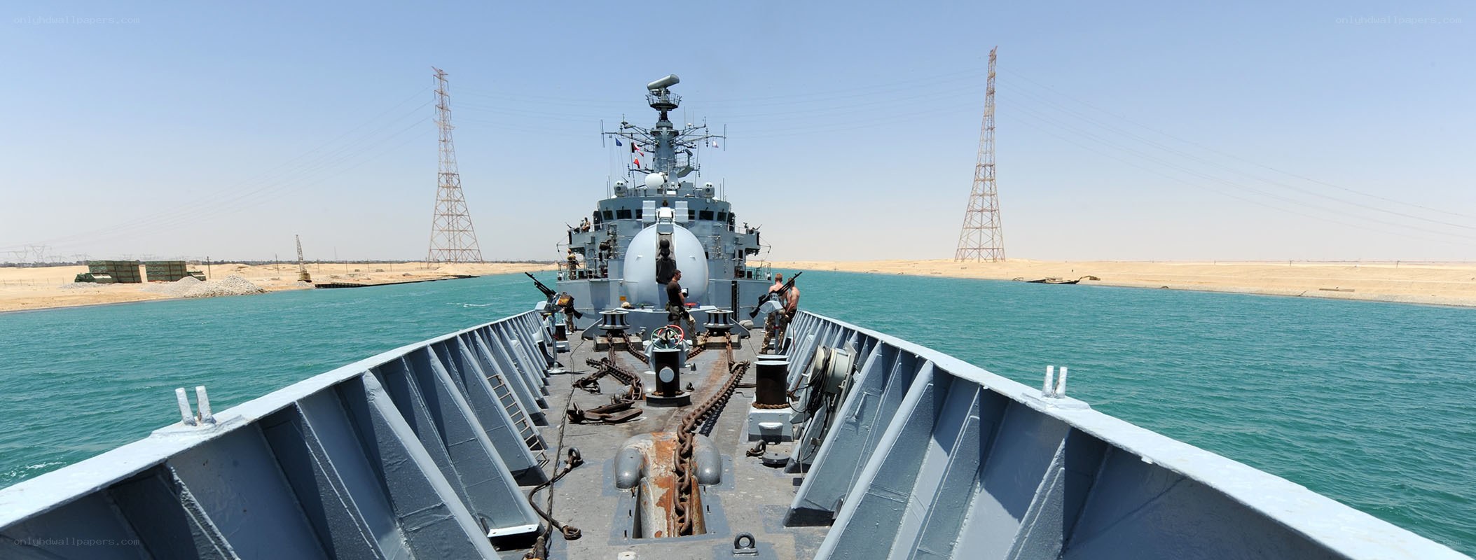 Naval vessel in canal