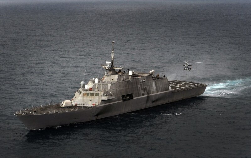 Naval Warship at Sea — Gray, Neutral, Photograph, Helicopter