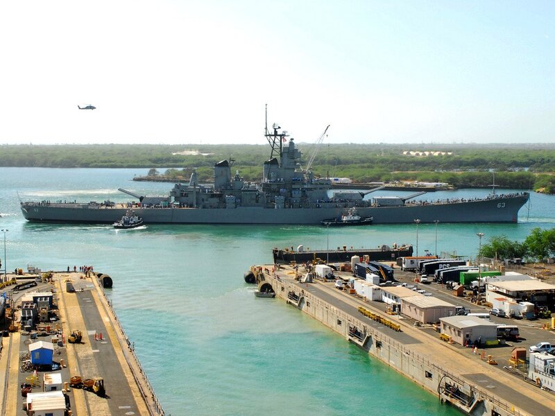 Navy Battleship in Harbor