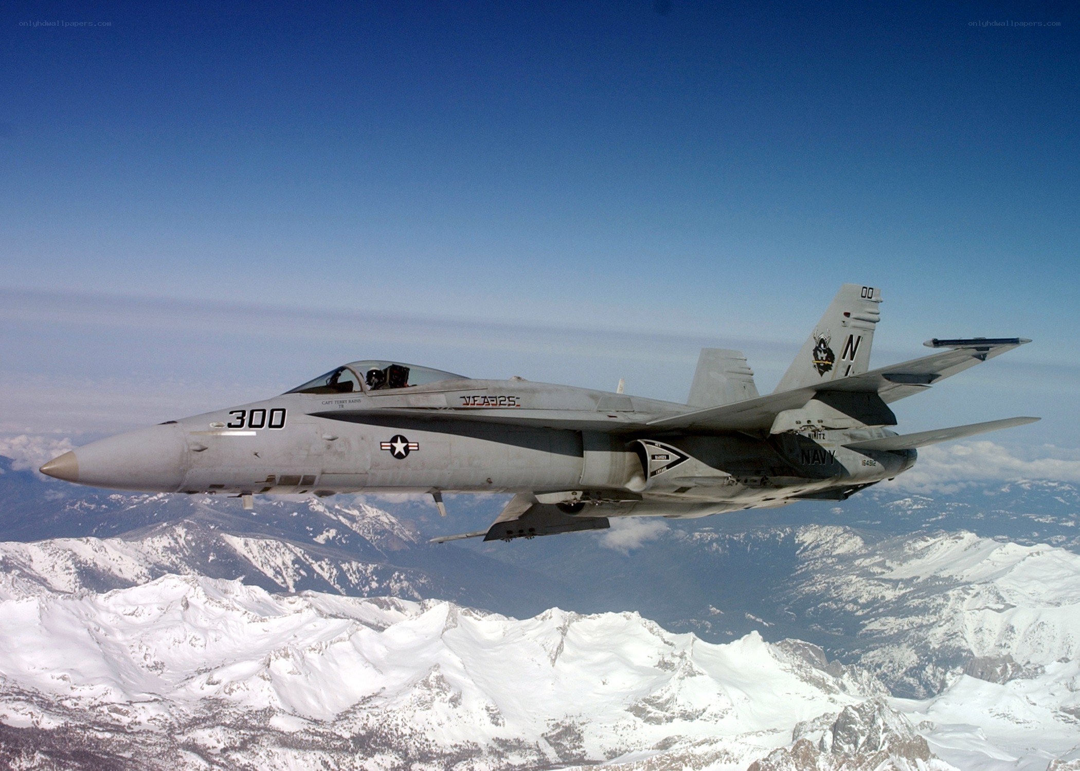 Navy fighter jet over snowy mountains