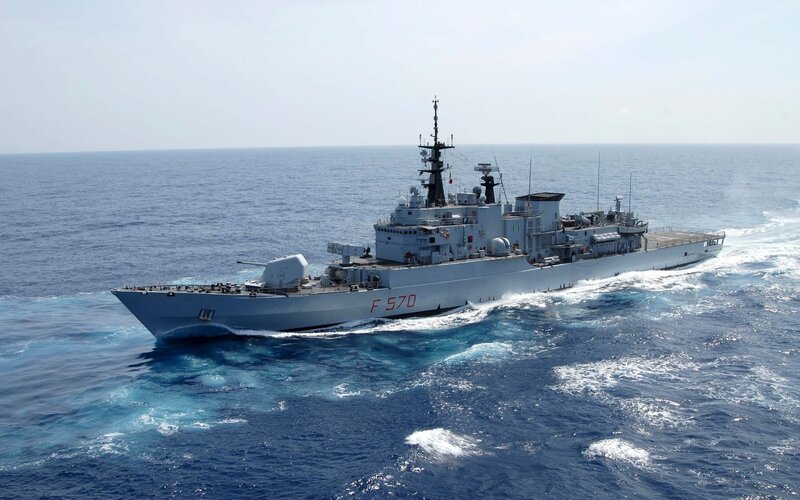 Navy Frigate at Sea — Blue, Calm, Afternoon, Photograph