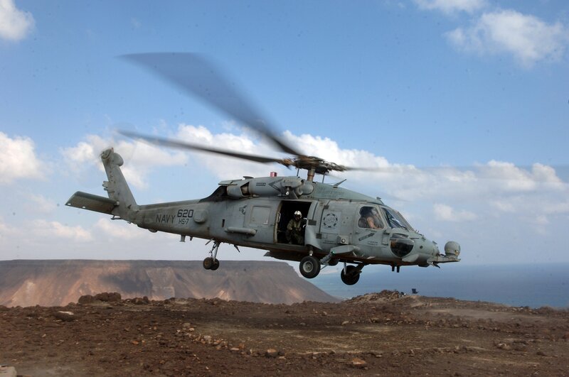Navy Helicopter in Flight — Gray, Dramatic, Afternoon