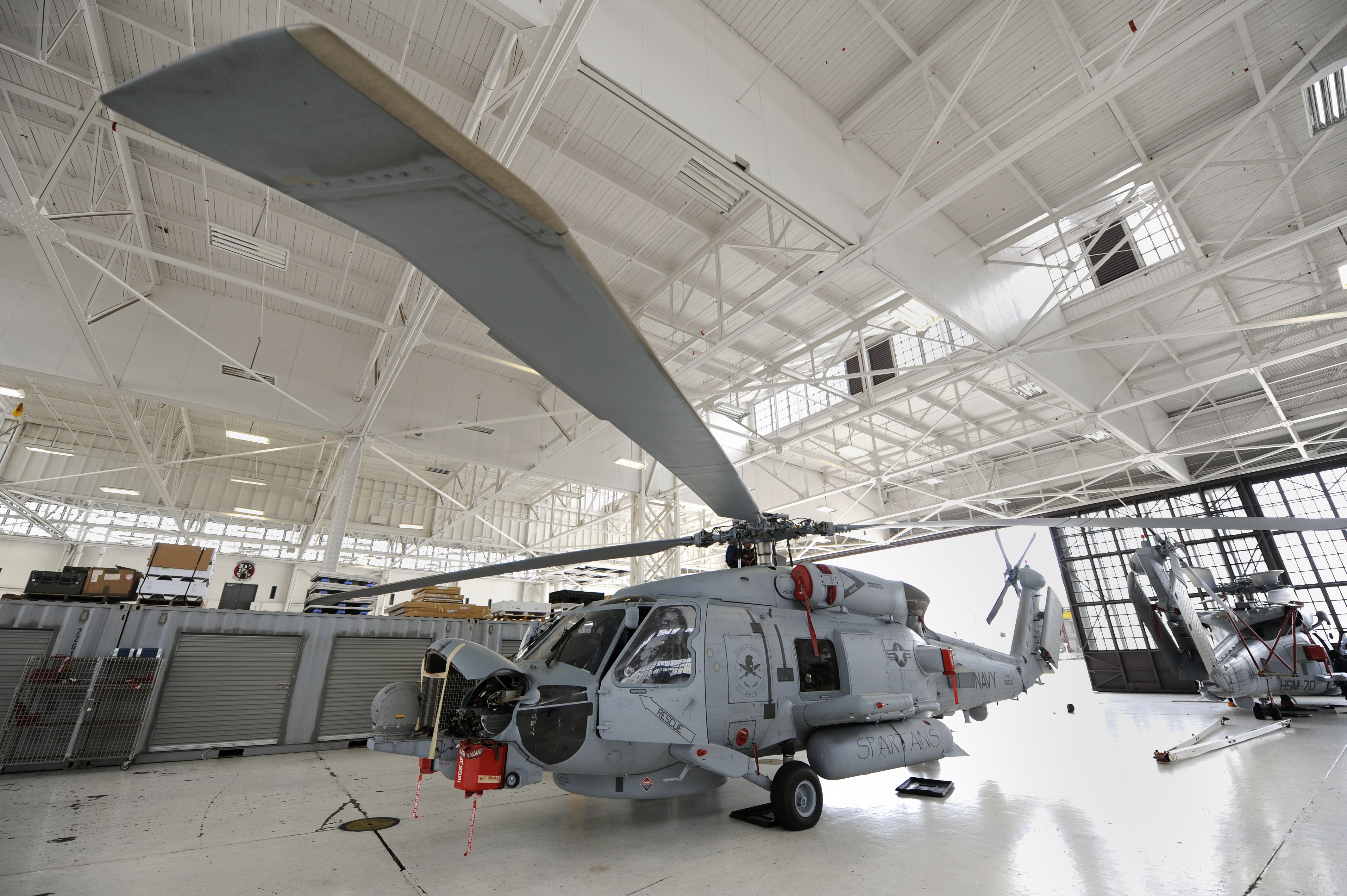 Navy helicopter in hangar