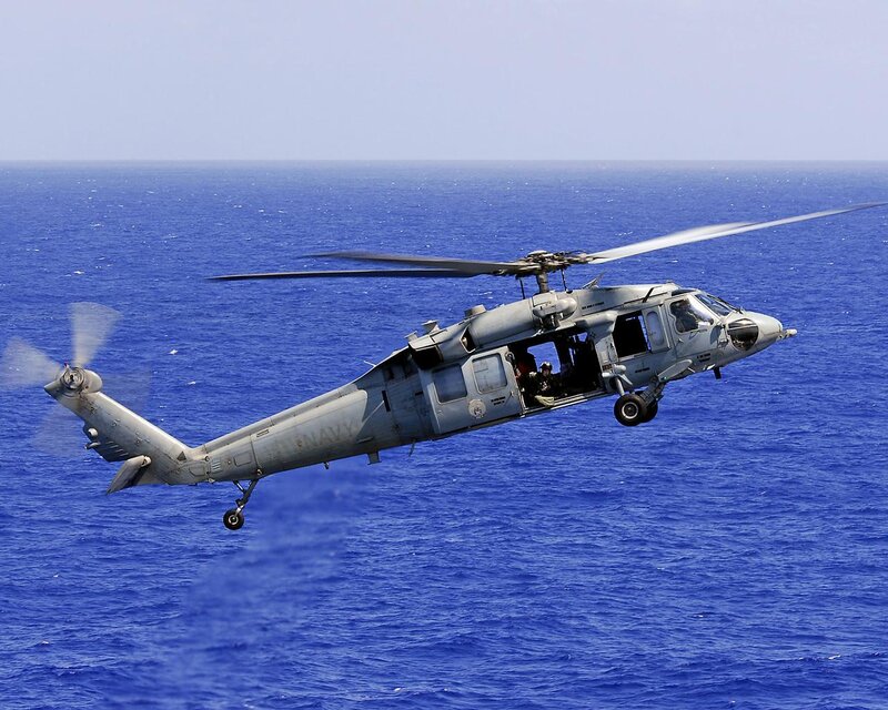 Navy Helicopter over Ocean — Blue, Calm, Afternoon