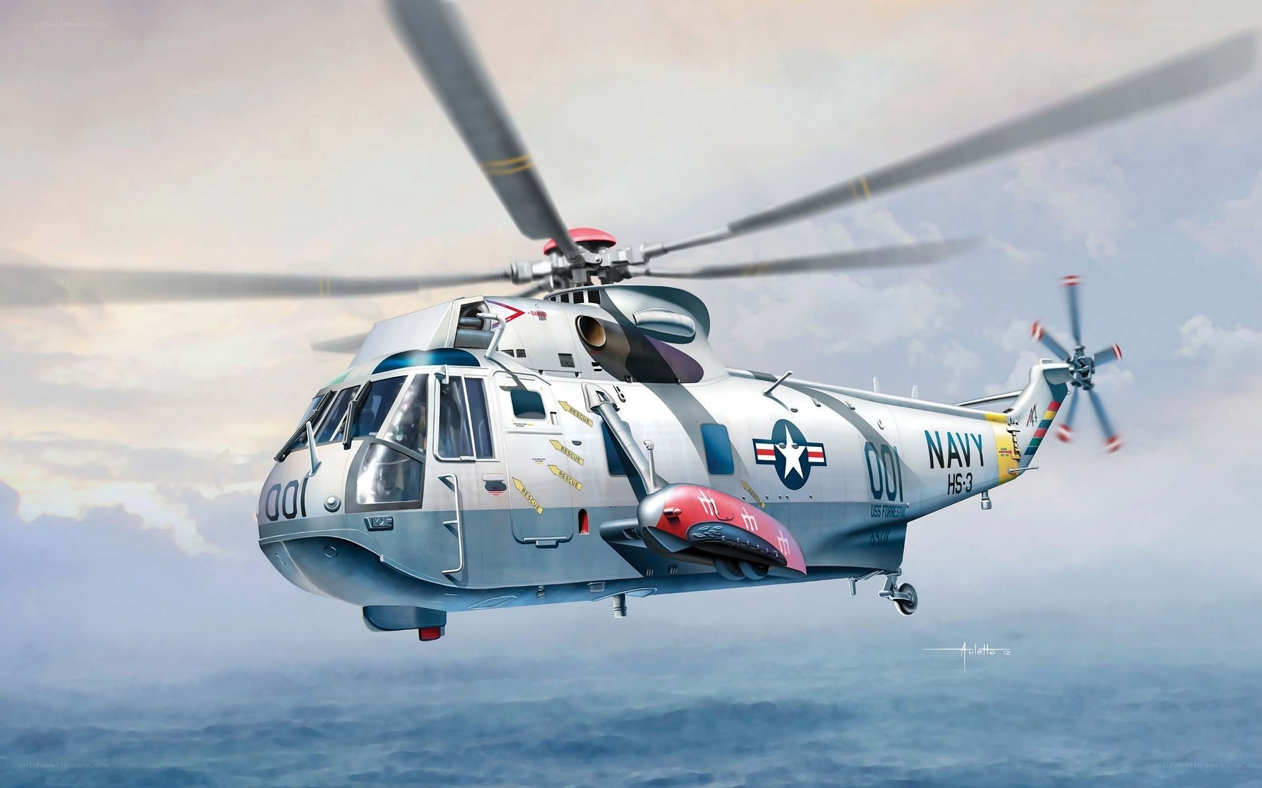 Navy helicopter over ocean