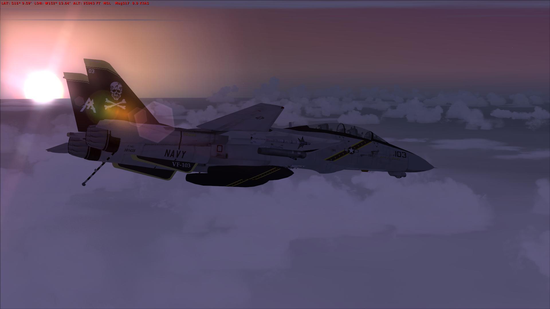 Navy jet flying at sunset