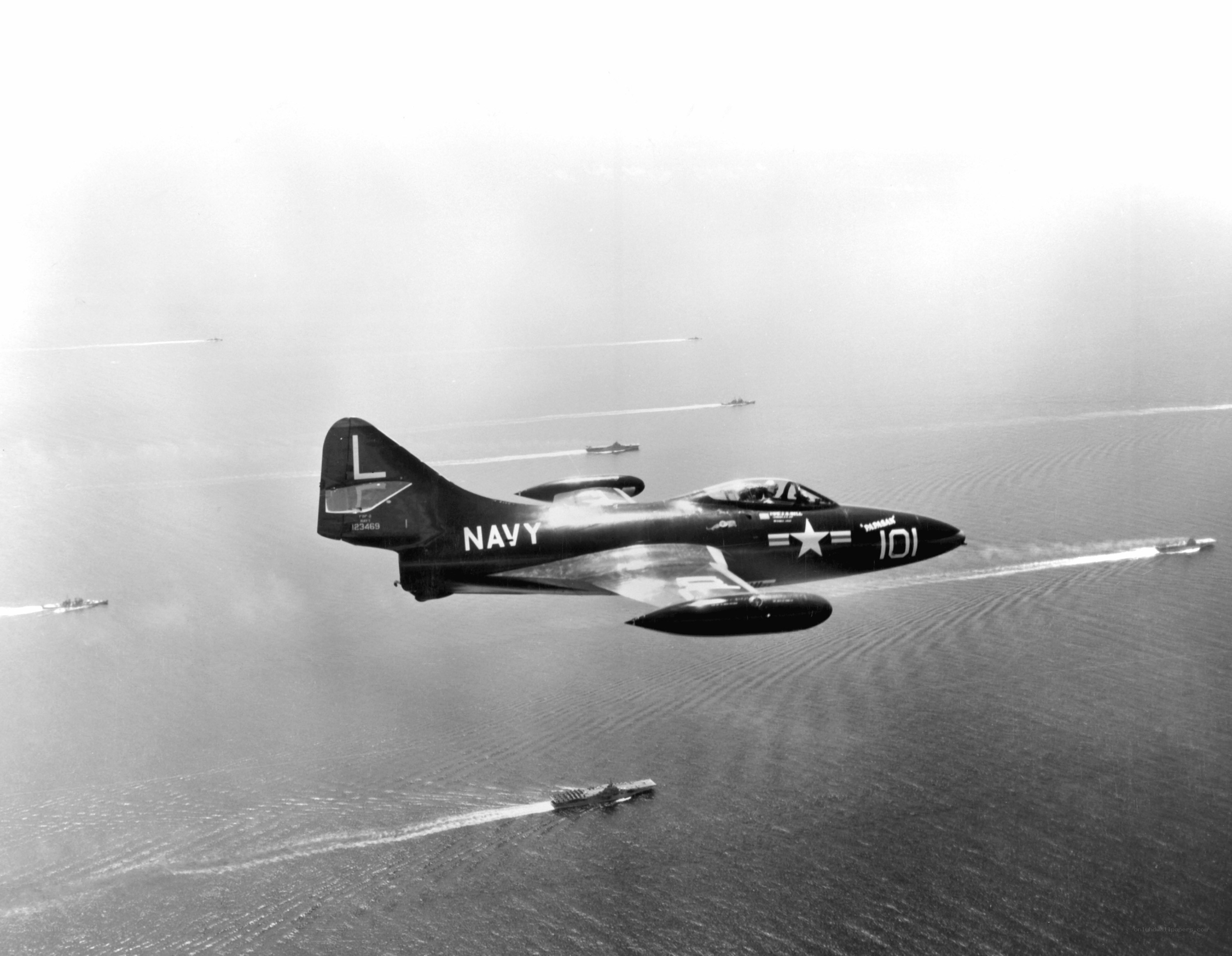 Navy jet flying over fleet