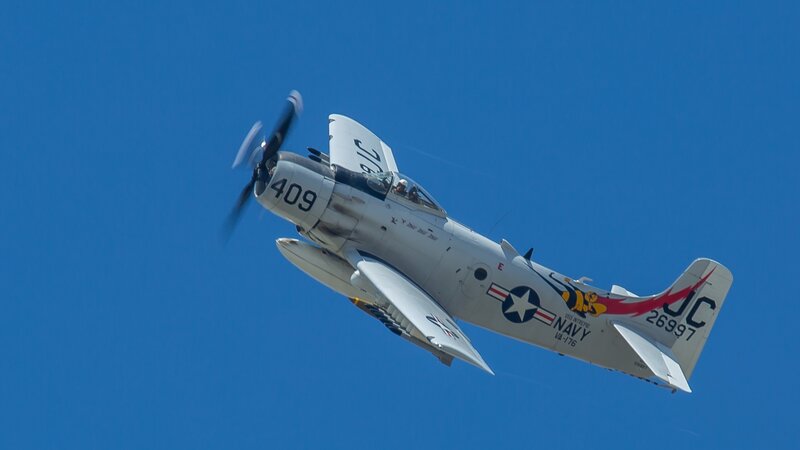 Navy Propeller Plane — Blue, Dynamic, Afternoon, Photograph, Sky