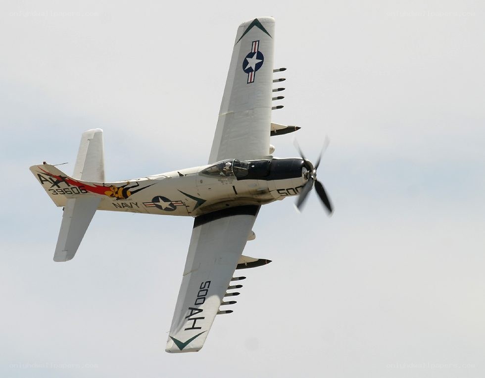 Navy propeller plane in flight