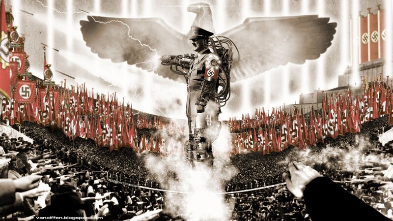 Nazi propaganda rally with robotic figure