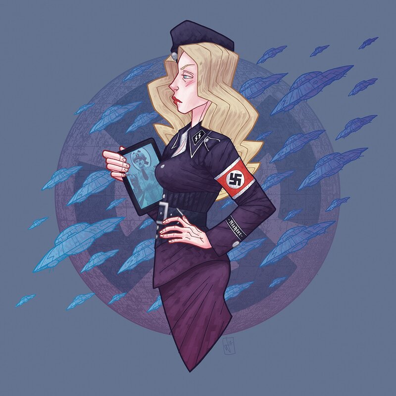 Nazi-themed female officer with tablet