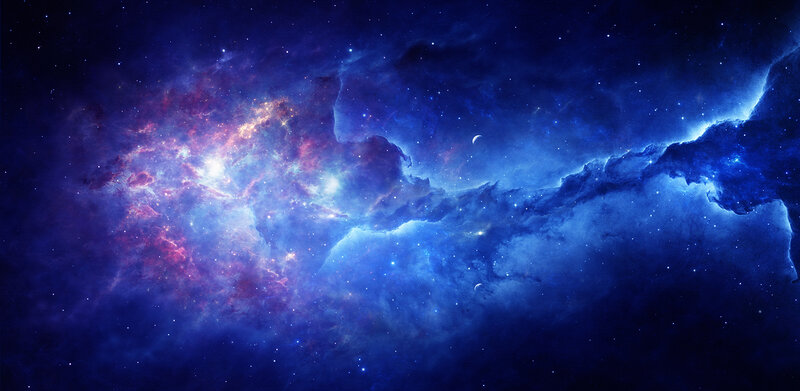 Nebula in Space — Blue, Cosmic, Night, Digital Art, Stars, Gas Clouds, Moon