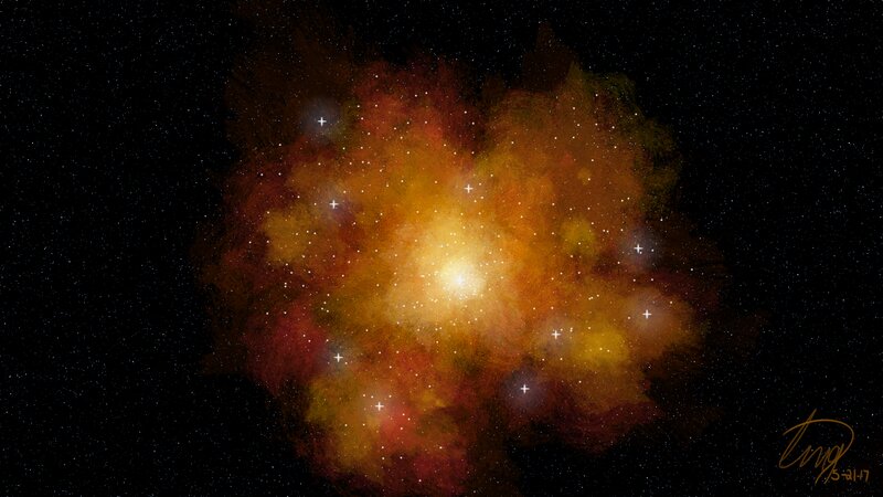 Nebula in Space — Orange, Dramatic, Night, Digital Art