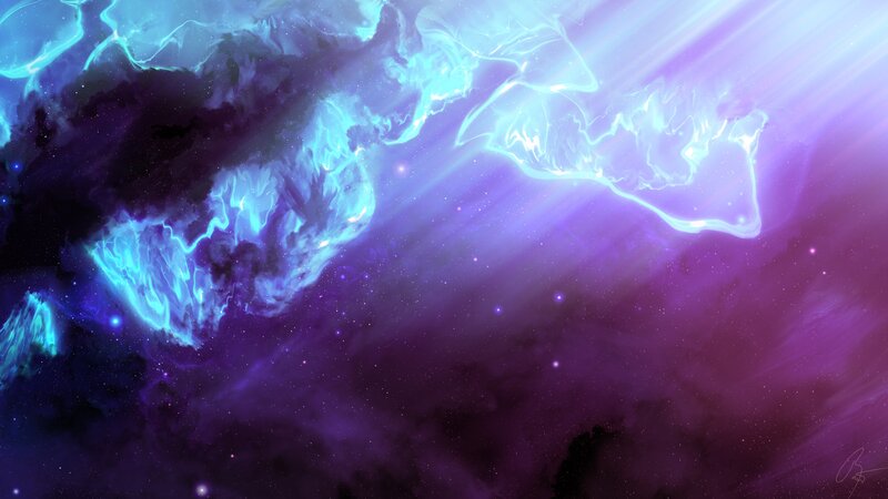 Nebula in Space — Purple, Cosmic, Digital Art, Stars, Gas Clouds, Light Rays, Blue