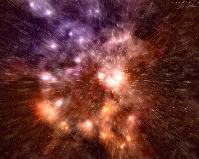 Nebula in Space — Purple, Dramatic, Digital Art, Stars, Gas Clouds, Light Rays, Orange, Black