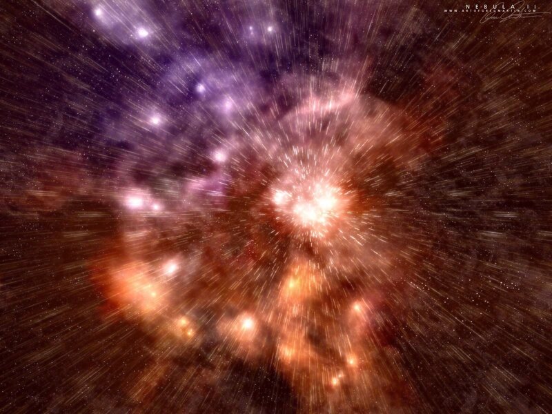Nebula in Space — Purple, Dramatic, Digital Art, Stars, Gas Clouds, Light Rays, Orange