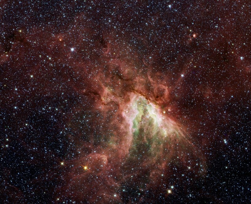 Nebula in Space — Red, Cosmic, Night, Photograph, Stars, Gas Clouds, Green
