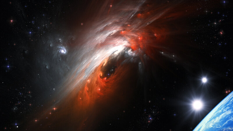 Nebula in Space — Red, Dramatic, Digital Art, Stars, Planet
