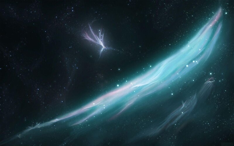 Nebula in Space — Teal, Serene, Night, Digital Art, Stars, Cosmic Dust, Black, White