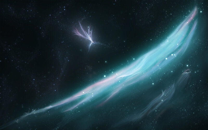 Nebula in Space — Teal, Serene, Night, Digital Art
