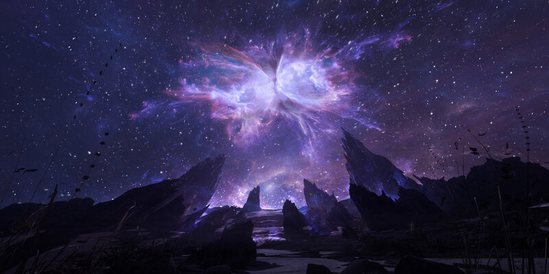 Nebula over Rocky Landscape