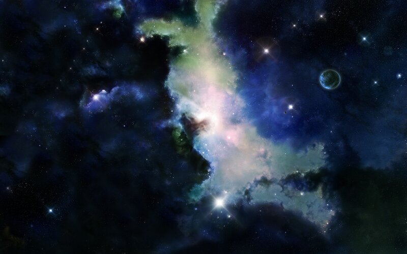 Nebula with Planets — Blue, Cosmic, Digital Art