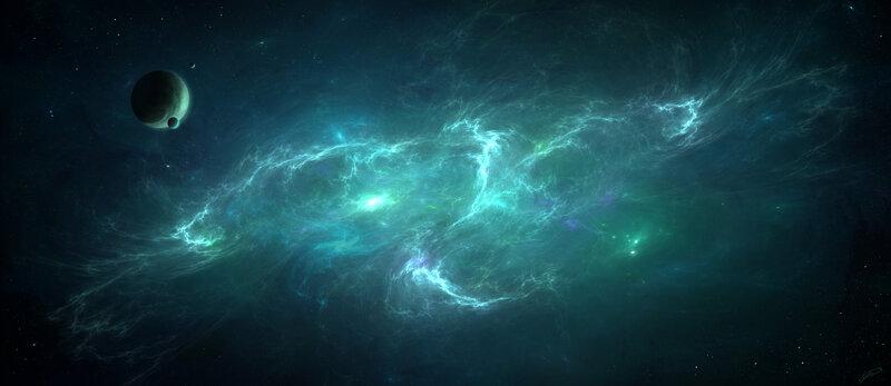Nebula with Planets — Teal, Cosmic, Digital Art, Stars