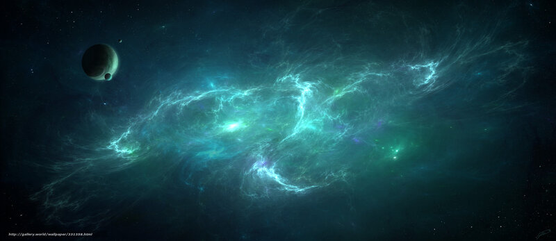 Nebula with Planets — Teal, Cosmic, Digital Art