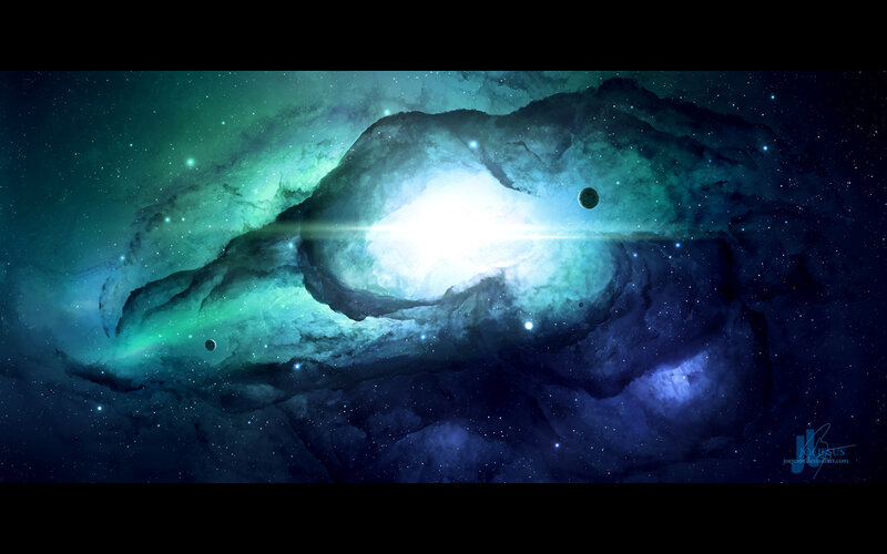 Nebula with Planets — Teal, Cosmic, Night, Digital Art