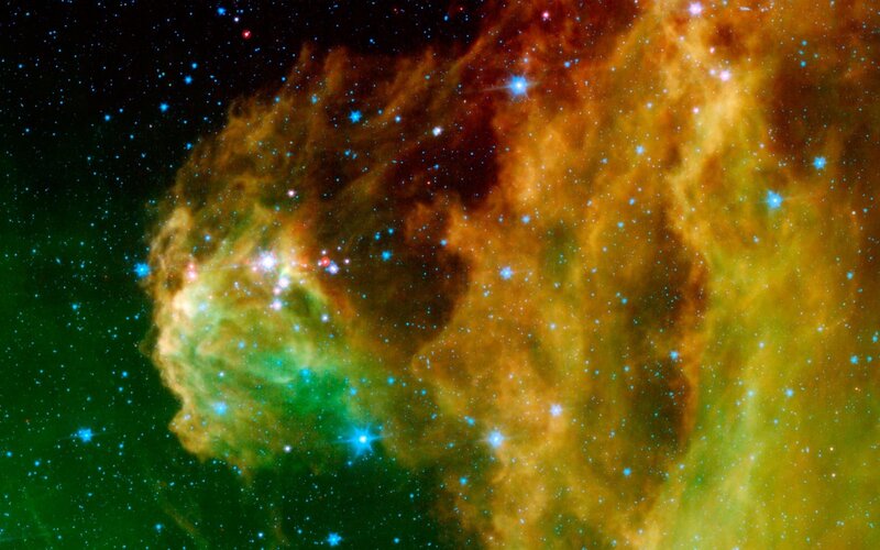 Nebula with Stars — Green, Cosmic, Photograph, Gas Clouds, Dust, Orange