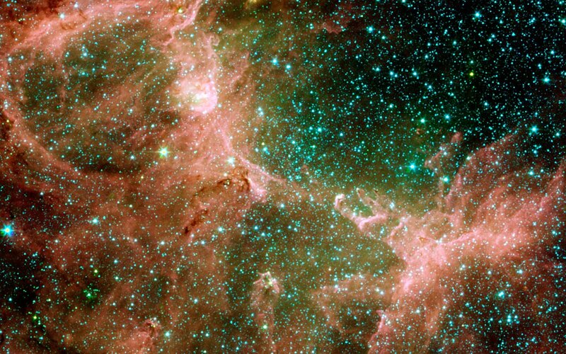 Nebula with Stars — Green, Cosmic, Photograph, Gas Clouds, Dust, Red, Black