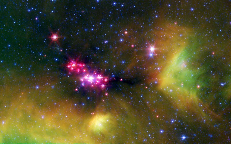 Nebula with Stars — Green, Cosmic, Photograph, Gas Clouds, Dust, Yellow, Purple