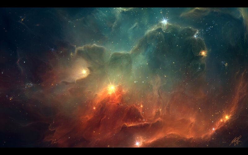 Nebula with Stars — Orange, Cosmic, Digital Art, Gas Clouds, Dust, Green