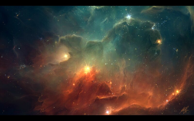 Nebula with Stars — Orange, Cosmic, Digital Art, Gas Clouds, Dust