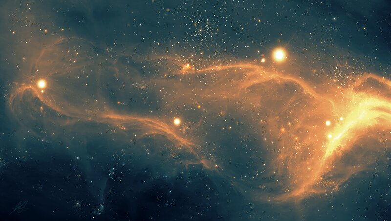 Nebula with Stars — Orange, Cosmic, Digital Art, Gas Clouds
