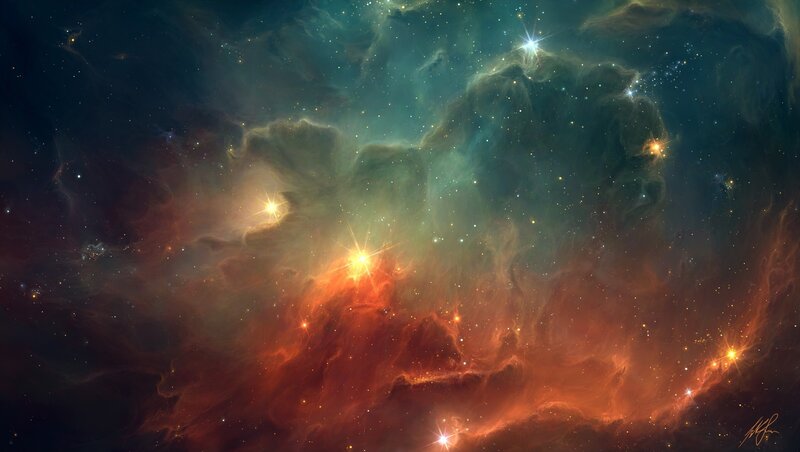 Nebula with Stars — Red, Cosmic, Digital Art