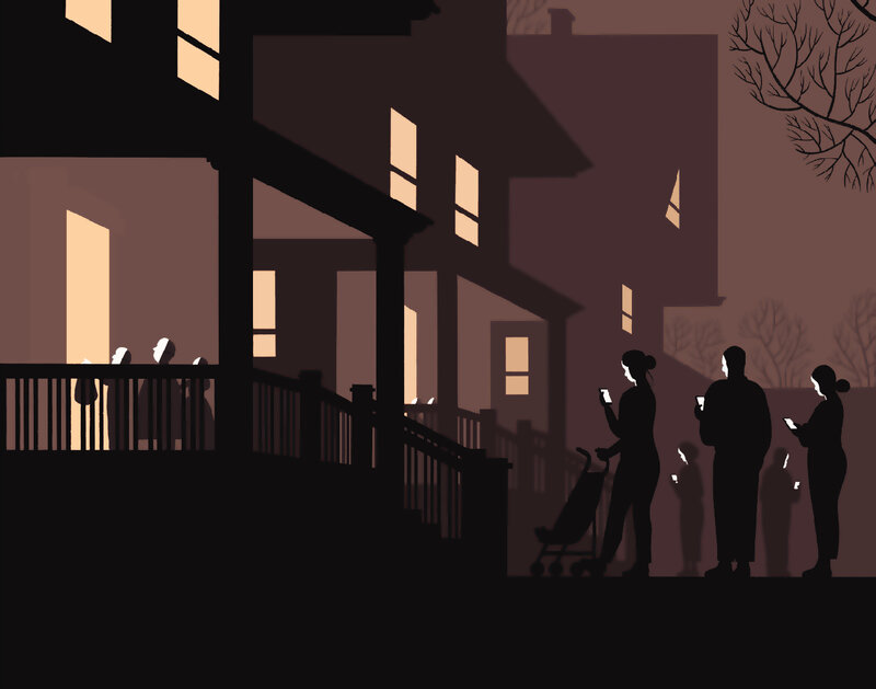 Neighbors at night with phones
