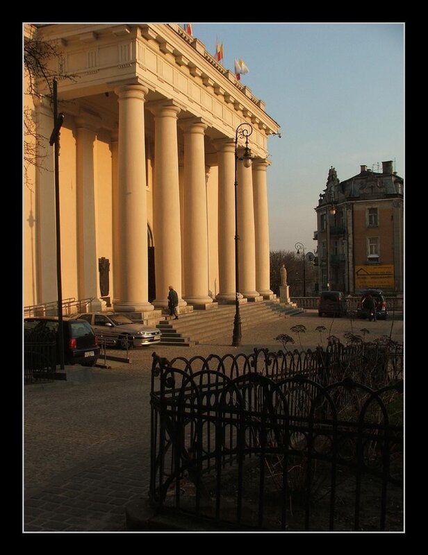 Neoclassical building at sunset