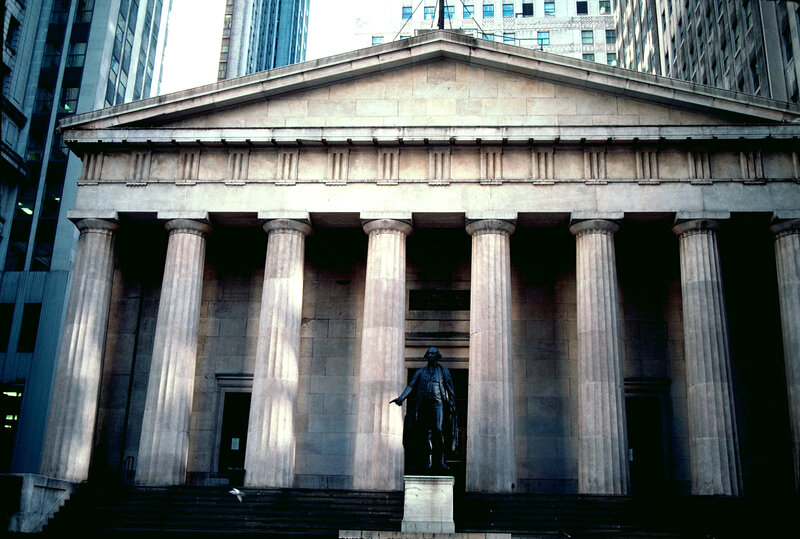 Neoclassical building with statue