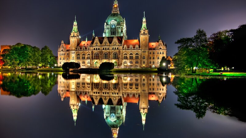 Neogothic Building at Night — Blue, Serene, Photograph